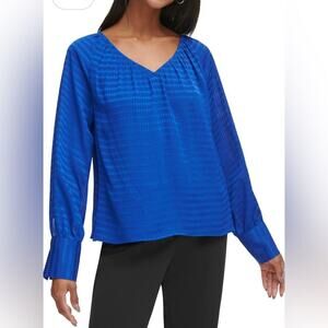 Calvin Klein Plus Size Woven Tiled Chiffon V-Neck Long Sleeve Top Blue Size 3X
